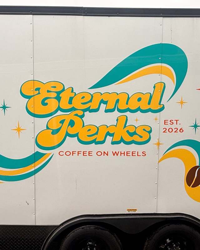 Eternal Perks coffee trailer graphics printed and installed by 77859 Designs