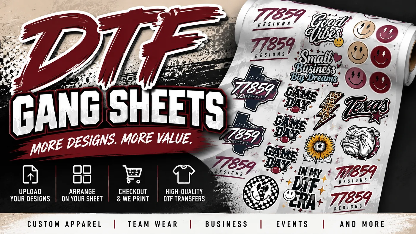 77859 Designs DTF gang sheet builder with custom transfer designs arranged on a printed gang sheet